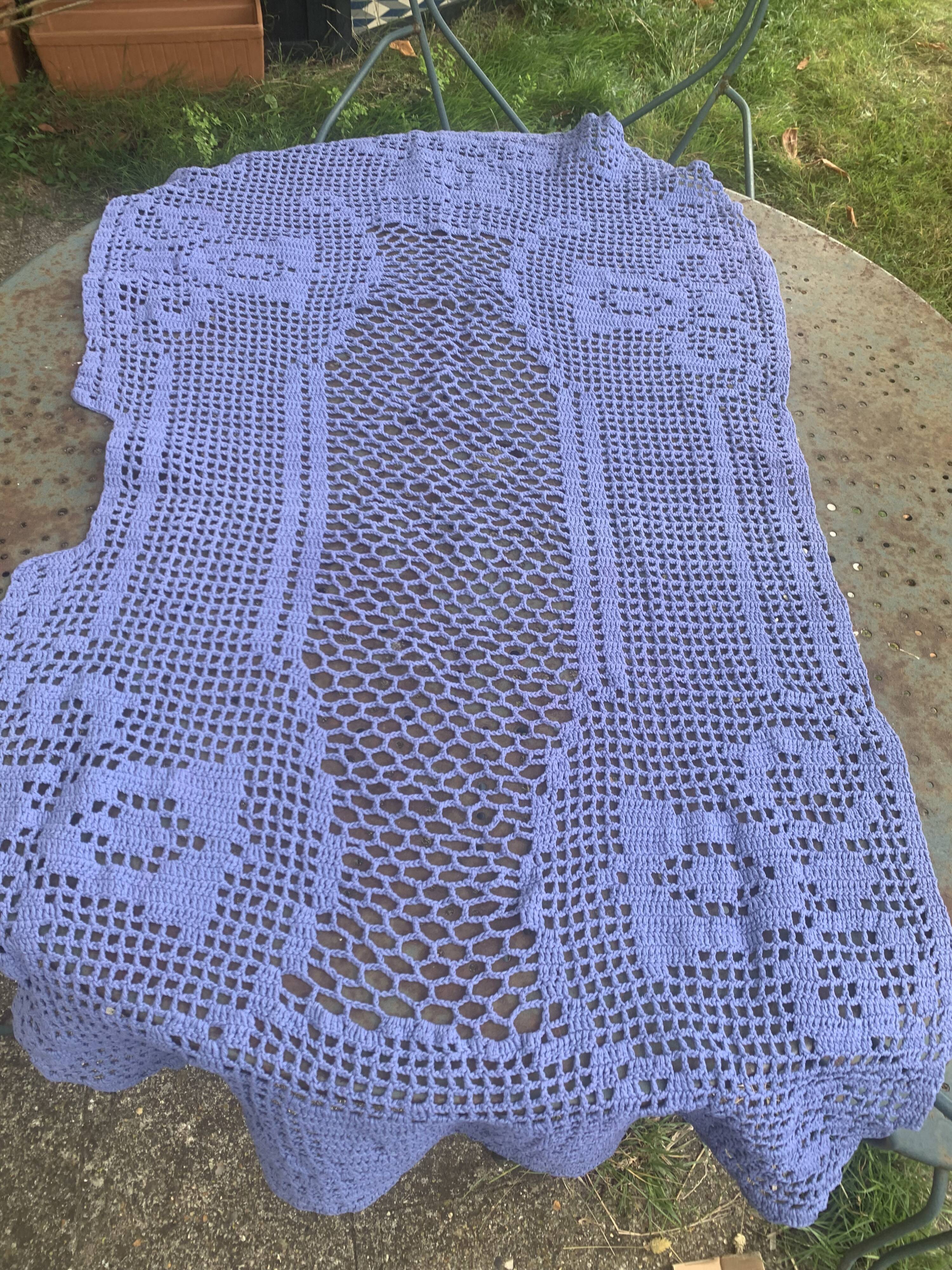 Handmade, blue-purple crocheted, vintage table runner or plaid