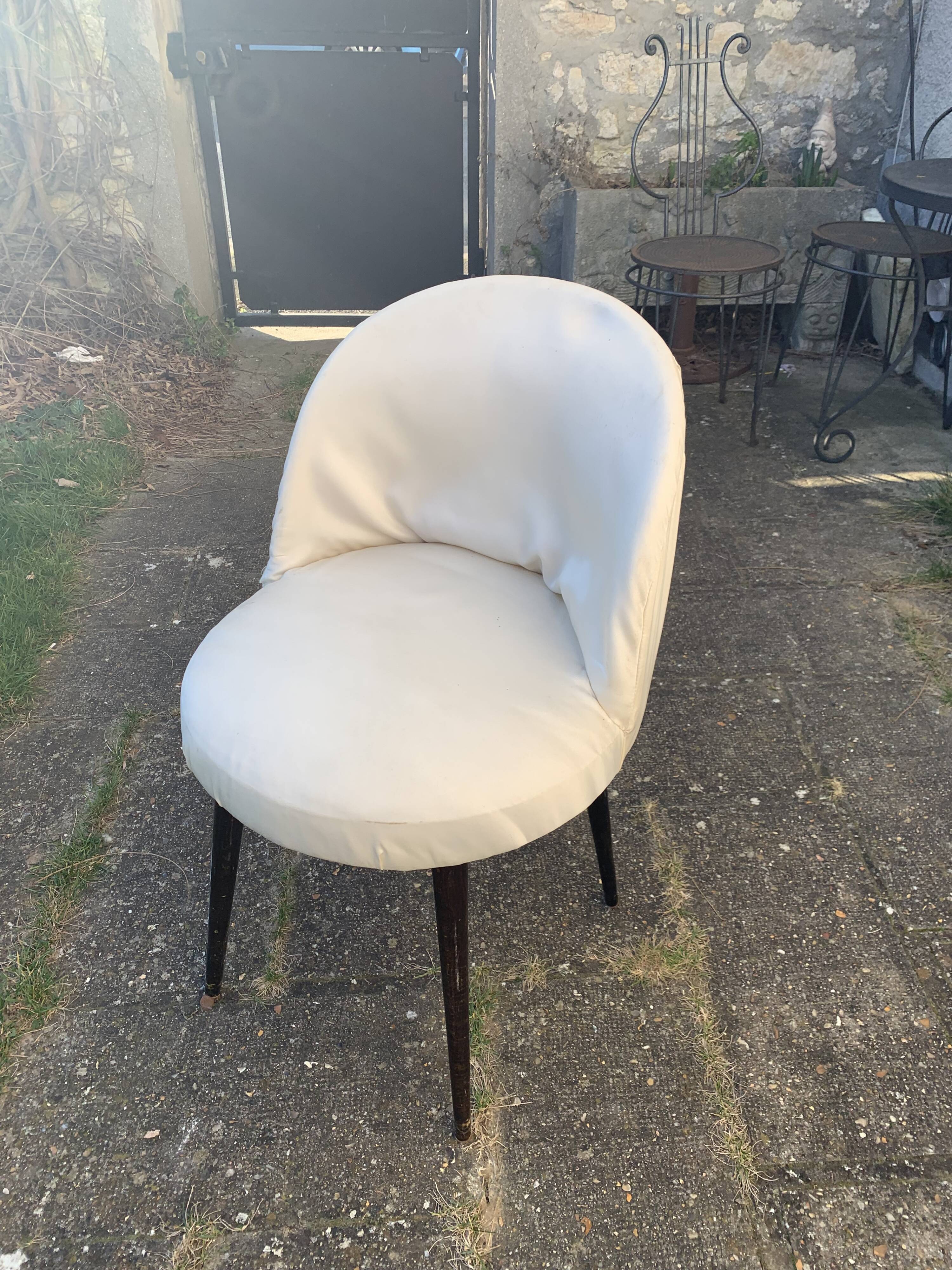 Vintage 1950s white satin armchair with compass legs