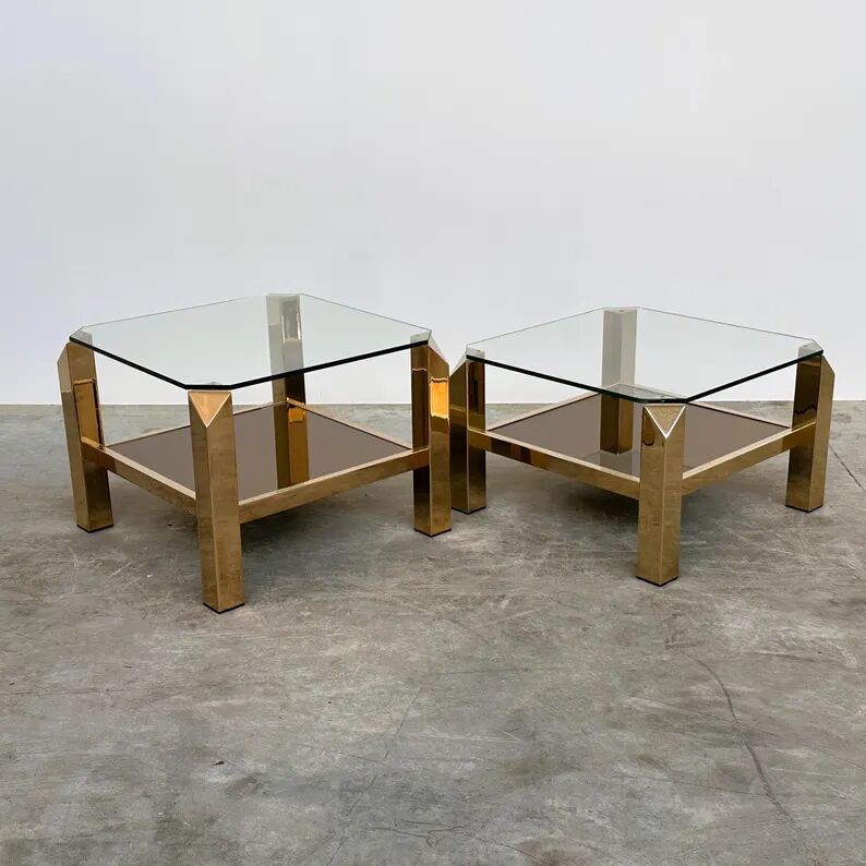 Set of 2 Belgo coffee tables in chrome brass and glass, Belgium, 1970s