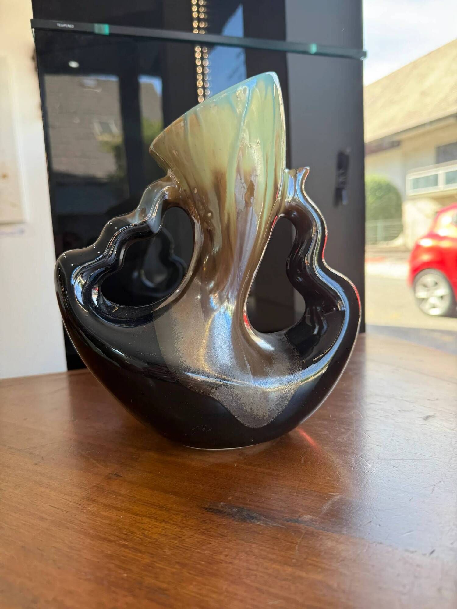 Vintage ceramic vase sculpture with openwork handles – Flamed green & black glaze (c. 1950–1960, Numbered 343)