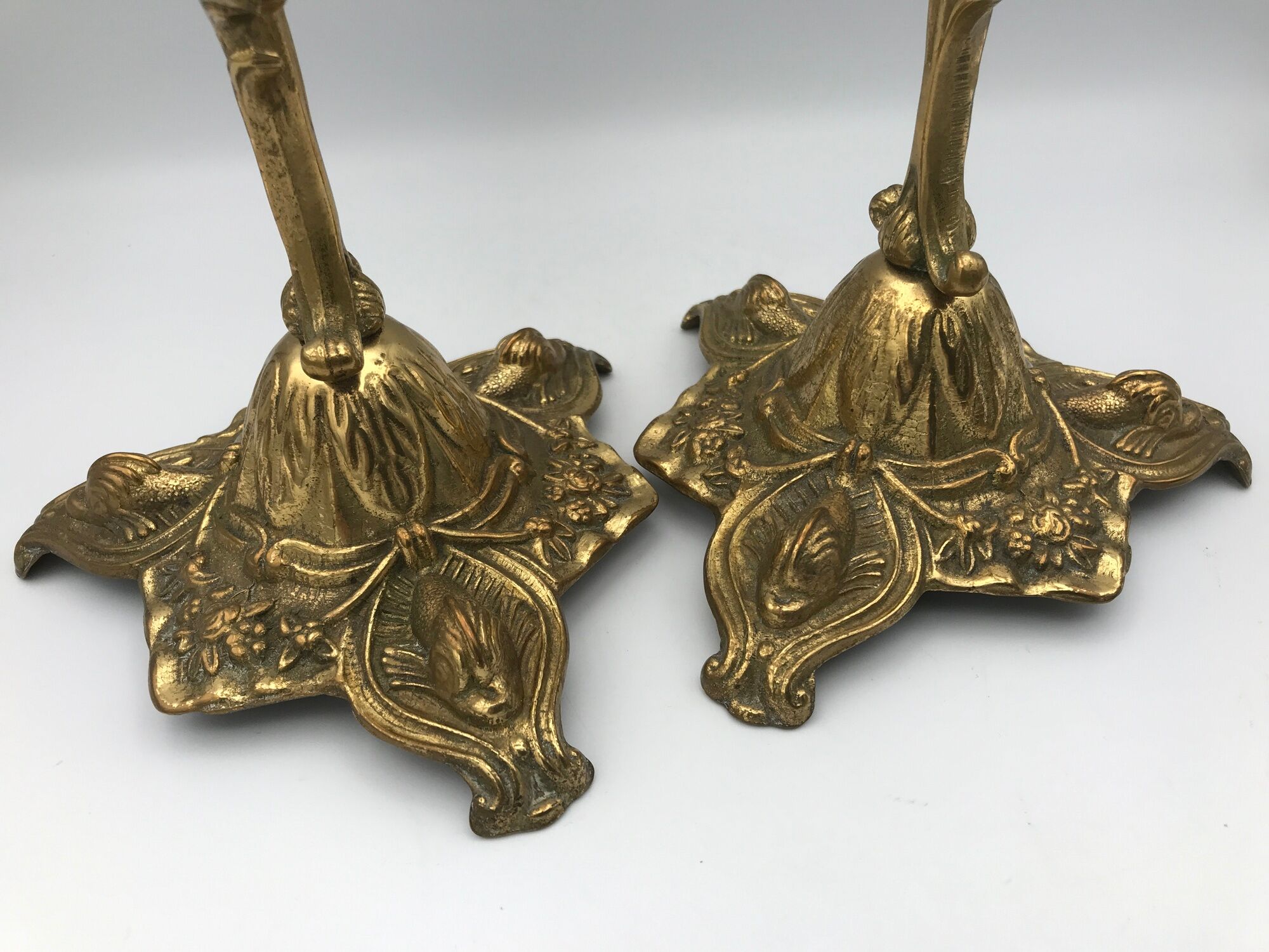 Pair of old candlesticks in bronze 3 lights rocaille style 28,5 cm