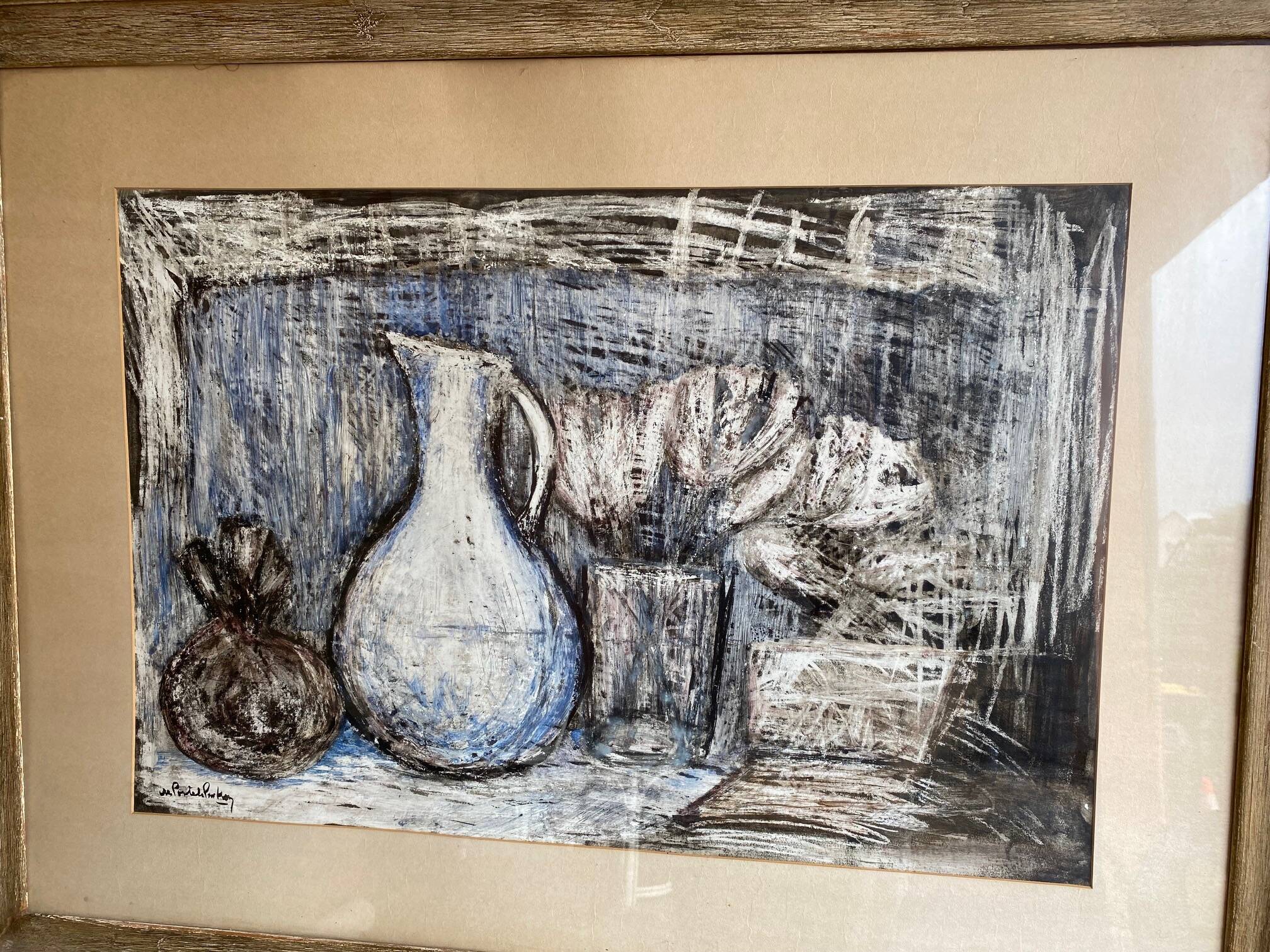 Still life modern gouache painting on paper signed and framed