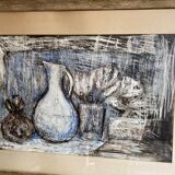 Still life modern gouache painting on paper signed and framed