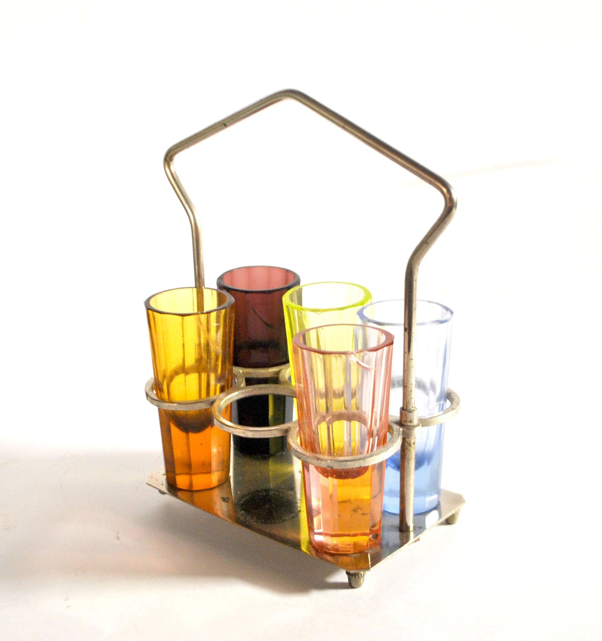 Set of 5 Art Deco 1920s shooter glasses in coloured and uranium glass - ouraline.