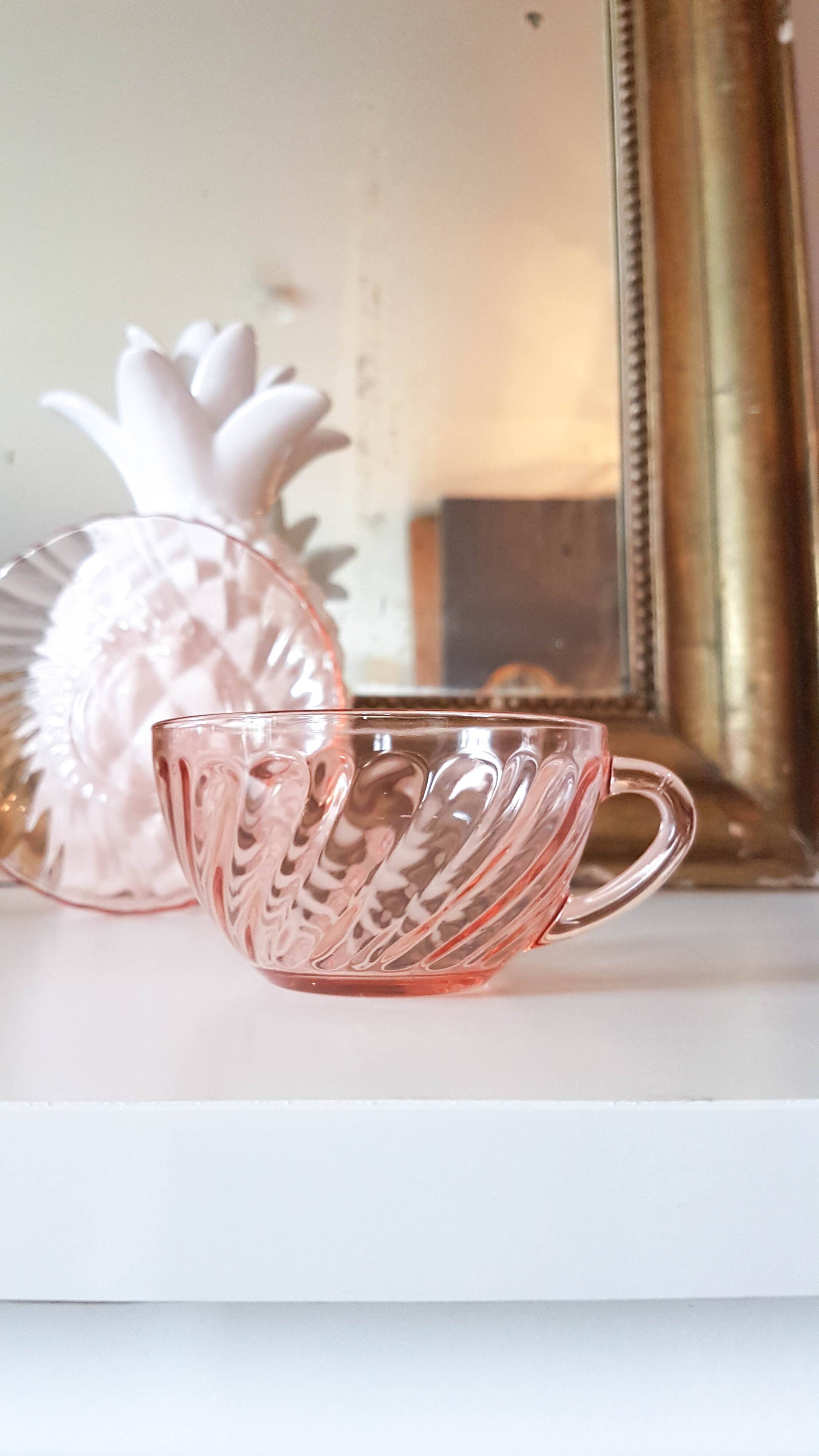 6 Rosaline LUMINARC pink glass tea cups and saucers made in France