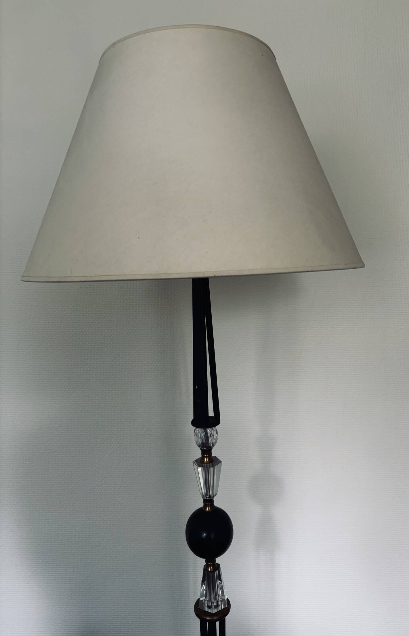 1950s floor lamp - wrought iron, gilded brass, and Sèvres crystal