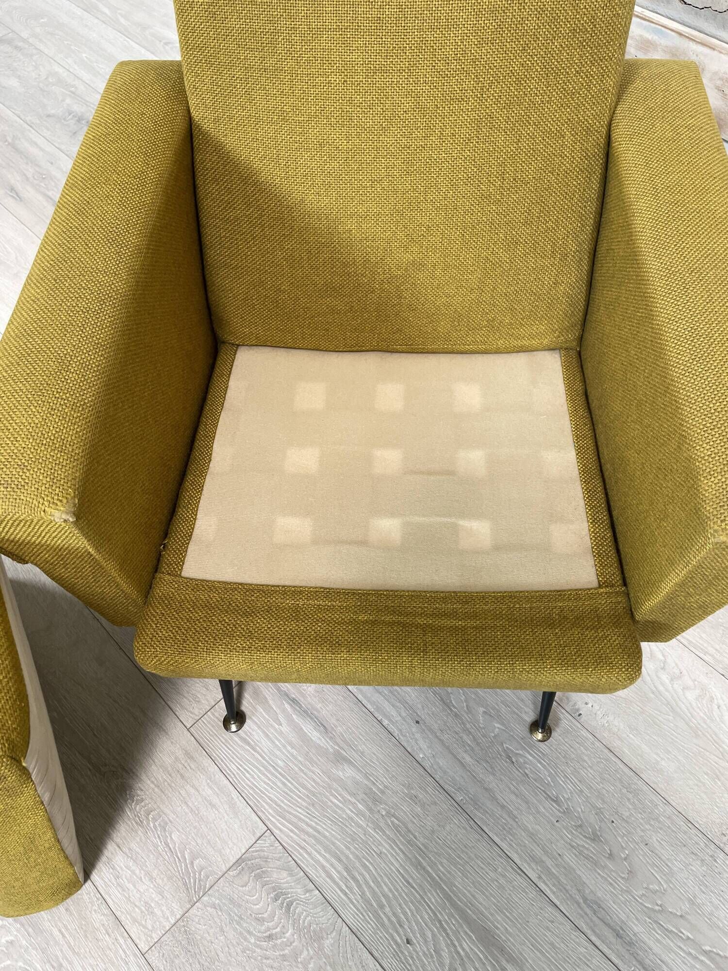 Vintage armchair in fabric and metal compass legs, circa 1950.