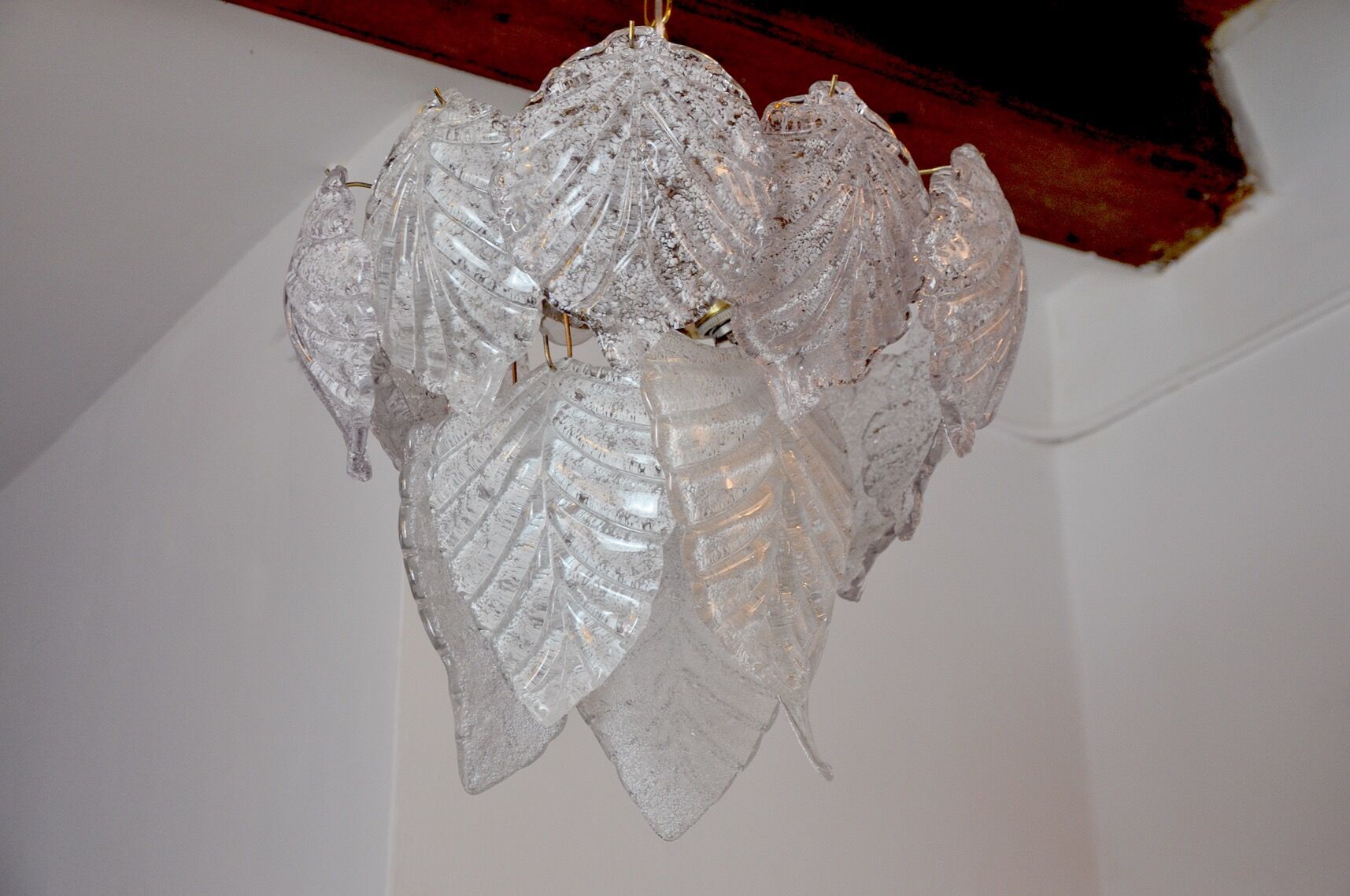 Lustre "Feuilles" 2 niveaux, verre givré,  Murano Mazzega,  italie 1960