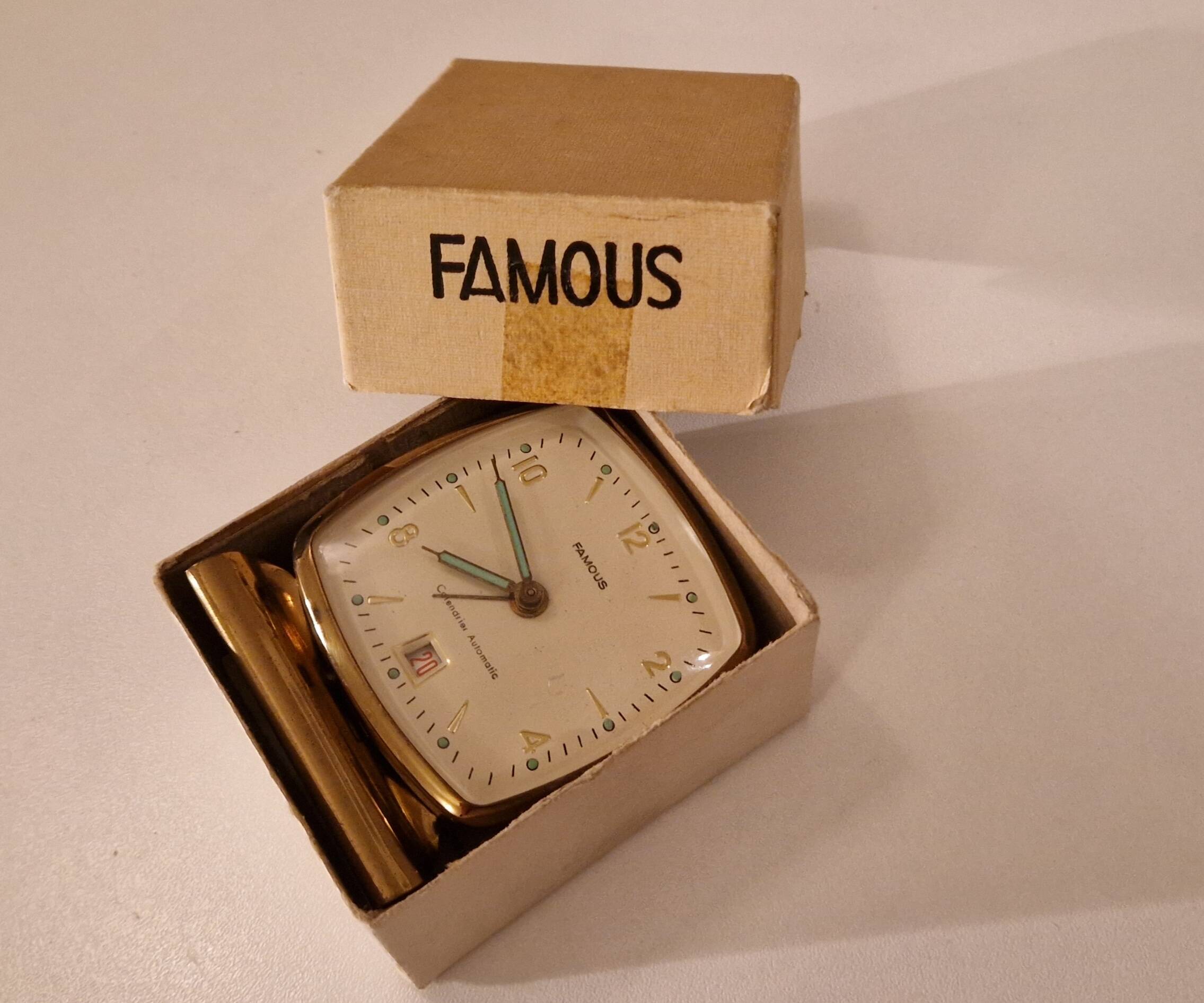"Famous" alarm clock, automatic calendar model, vintage circa 1950, perfect condition