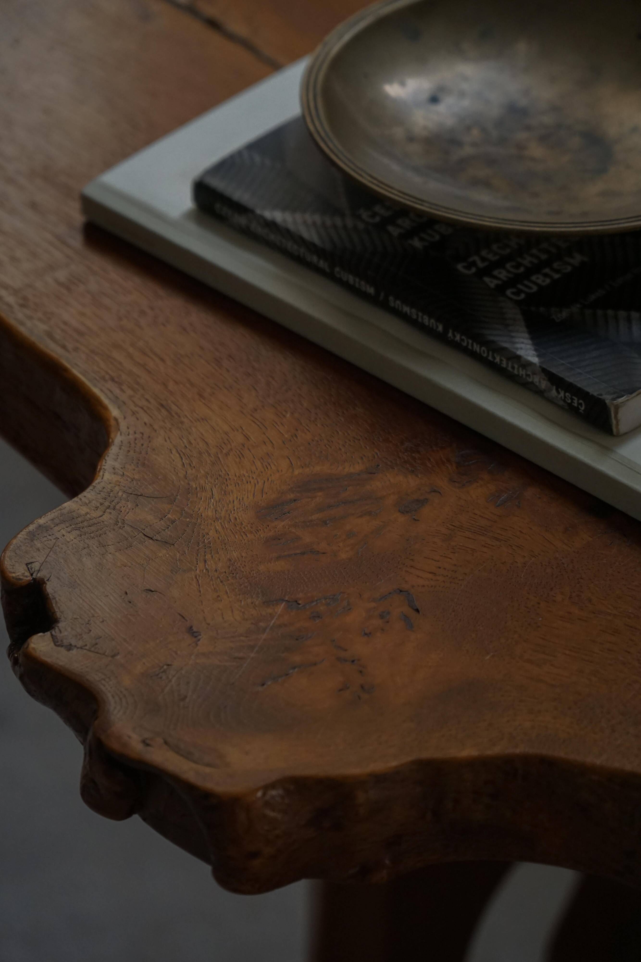 Mid-century Scandinavian coffee table made of solid elm wood, wabi-sabi style, 1960s.