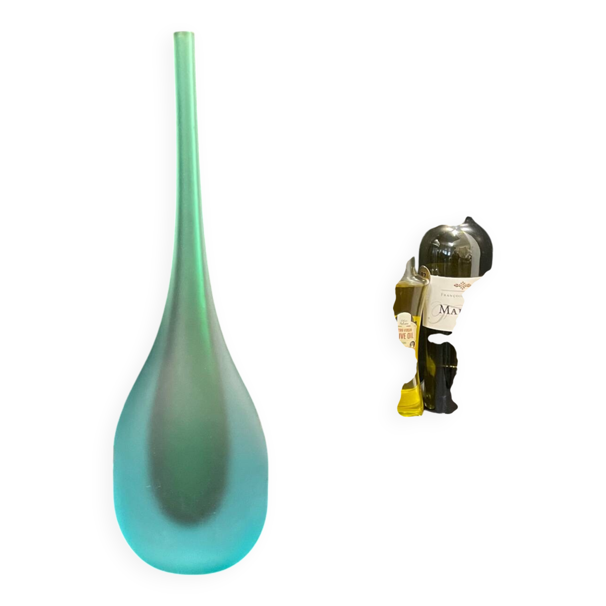 Vase en verre soufflé de Murano en forme de flûte avec un dégradé givré de teal à vert.
