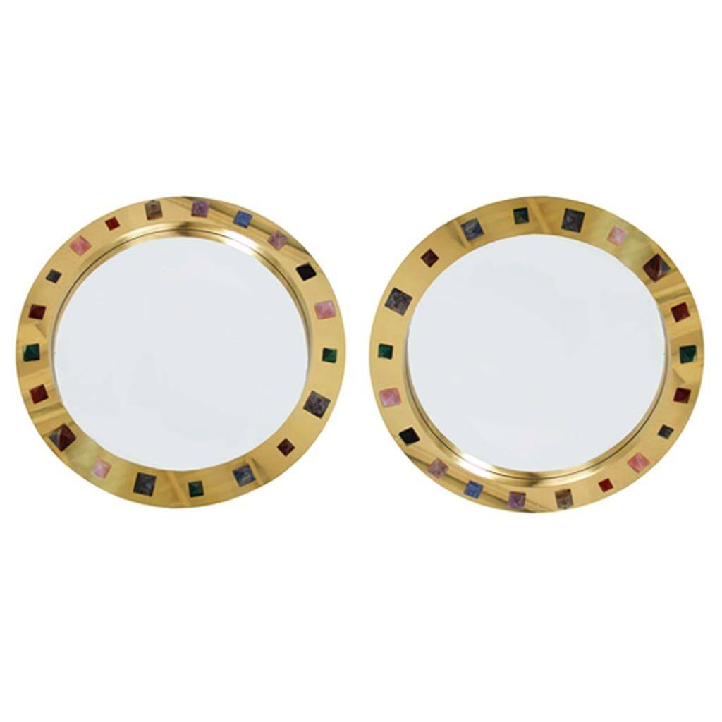 Modern Circular Mirror with Brass Frame and Semi-Precious Stone