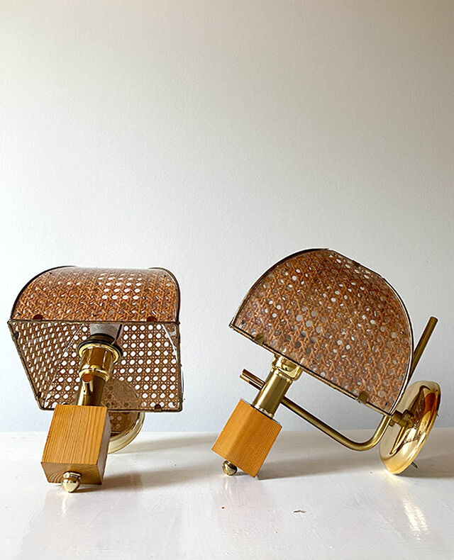 Pair of brass and canning wall lamps