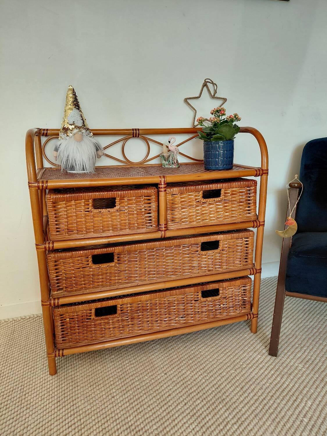 Commode vintage en rotin 4 tiroirs-esprit bohème-bord de mer