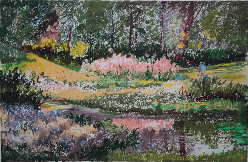 Yvonne Cheffer Delouis: Pink irises by the lake, original signed lithograph.