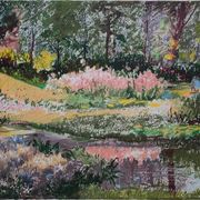 Yvonne Cheffer Delouis: Pink irises by the lake, original signed lithograph.