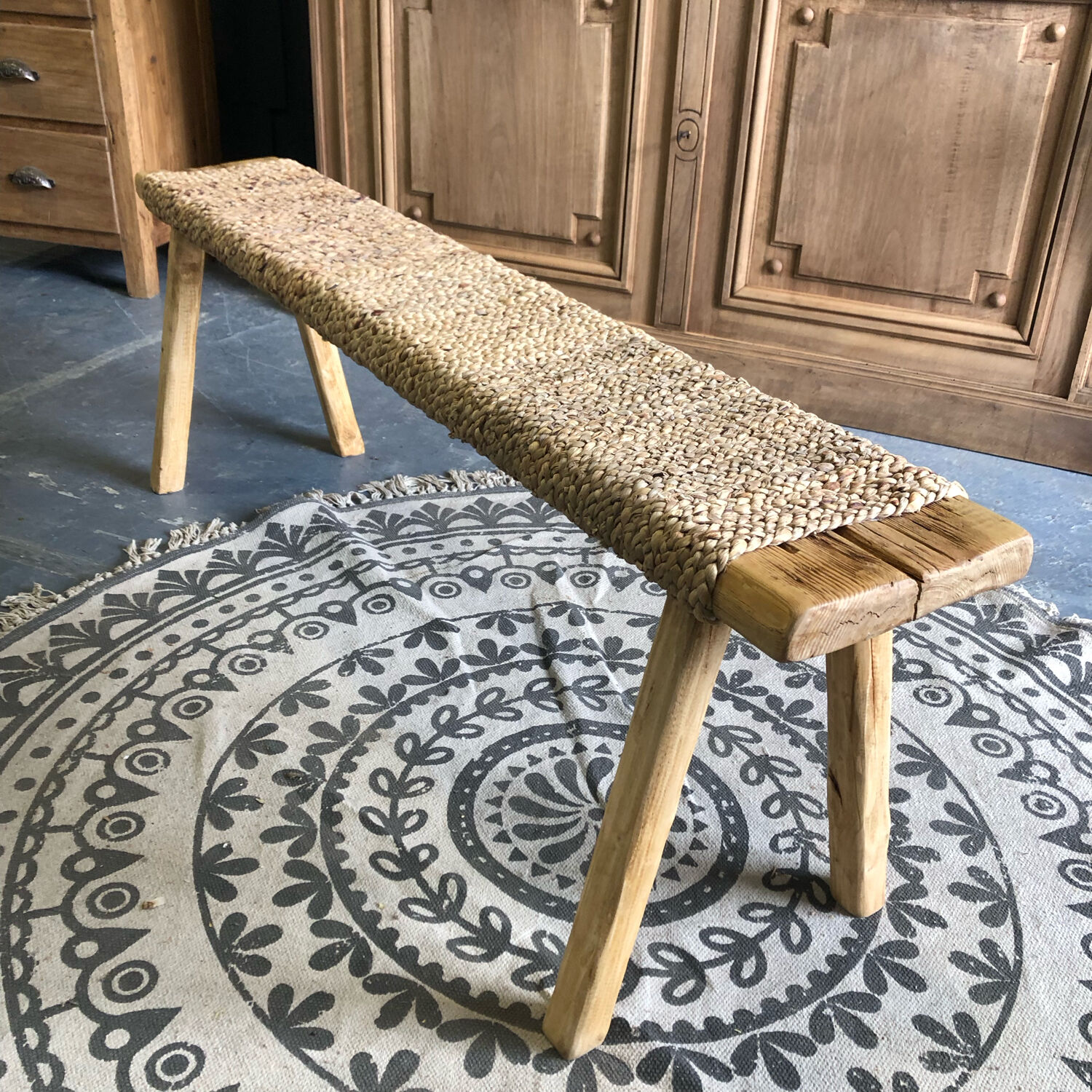 Handmade bench, wood and water hyacinth