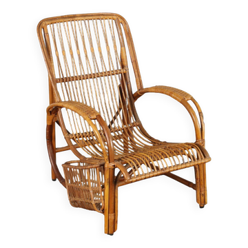 Vintage wicker armchair with magazine rack, Italy, 1960s