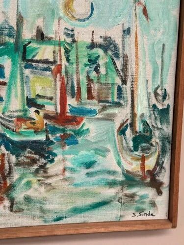 Original Swedish Oil on Canvas" Harbor" By Sven Sinde, Vintage & Framed 47×38cm