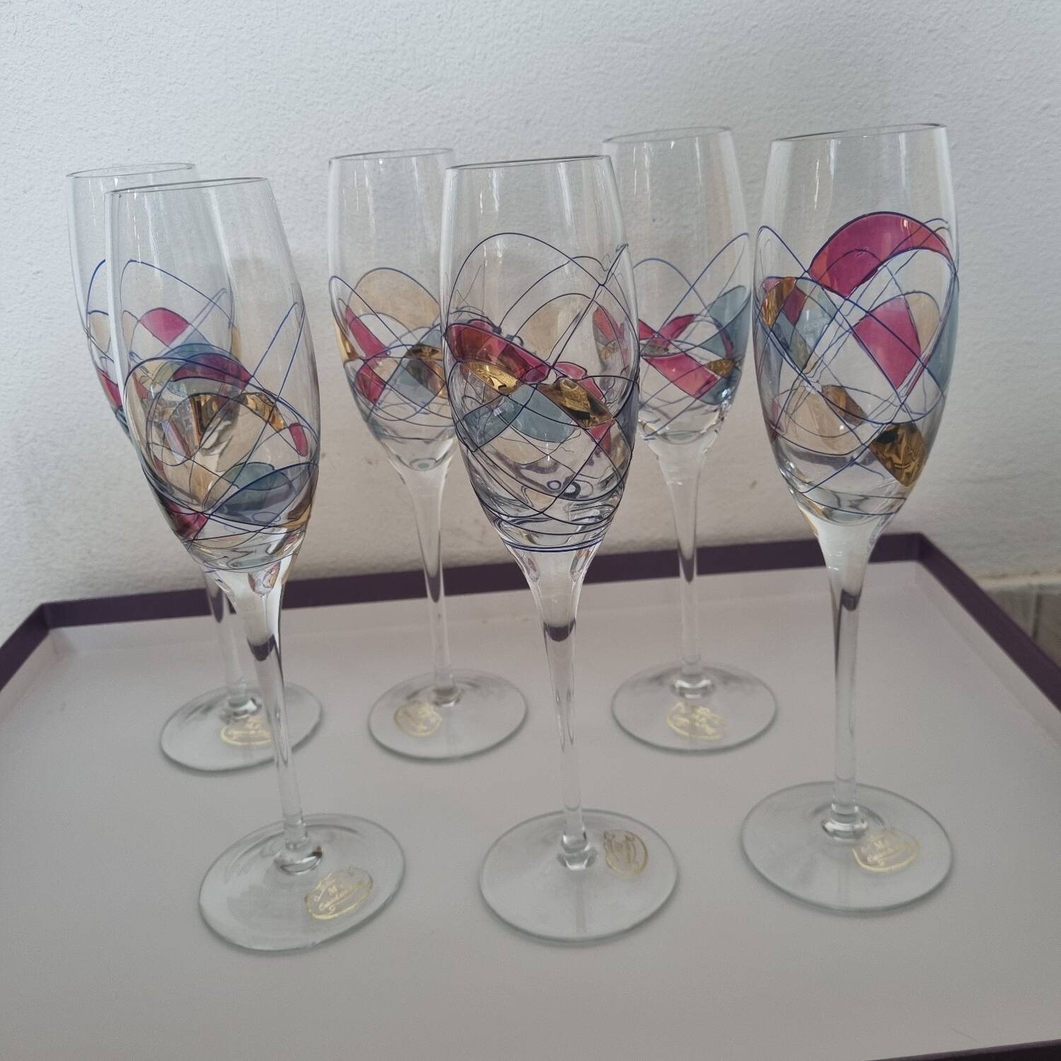 6 colored Paris crystal champagne flutes