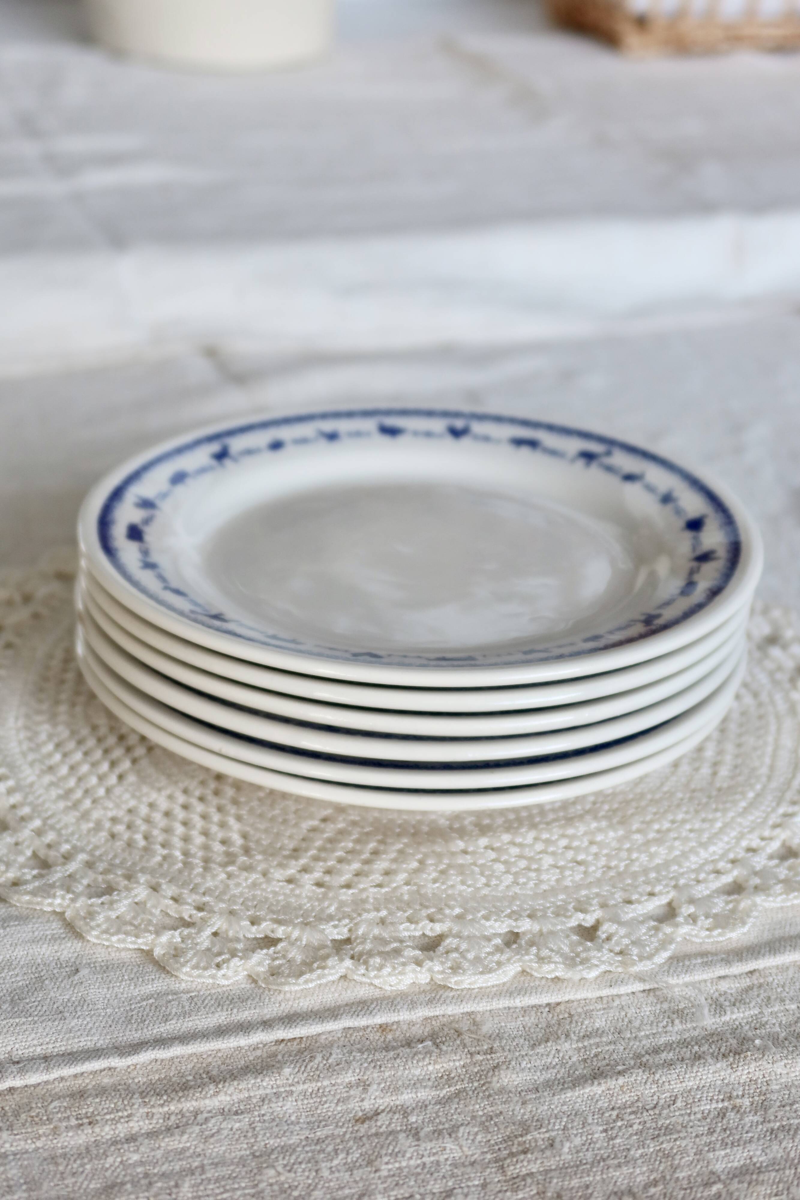 6 vintage white and blue earthenware dessert plates