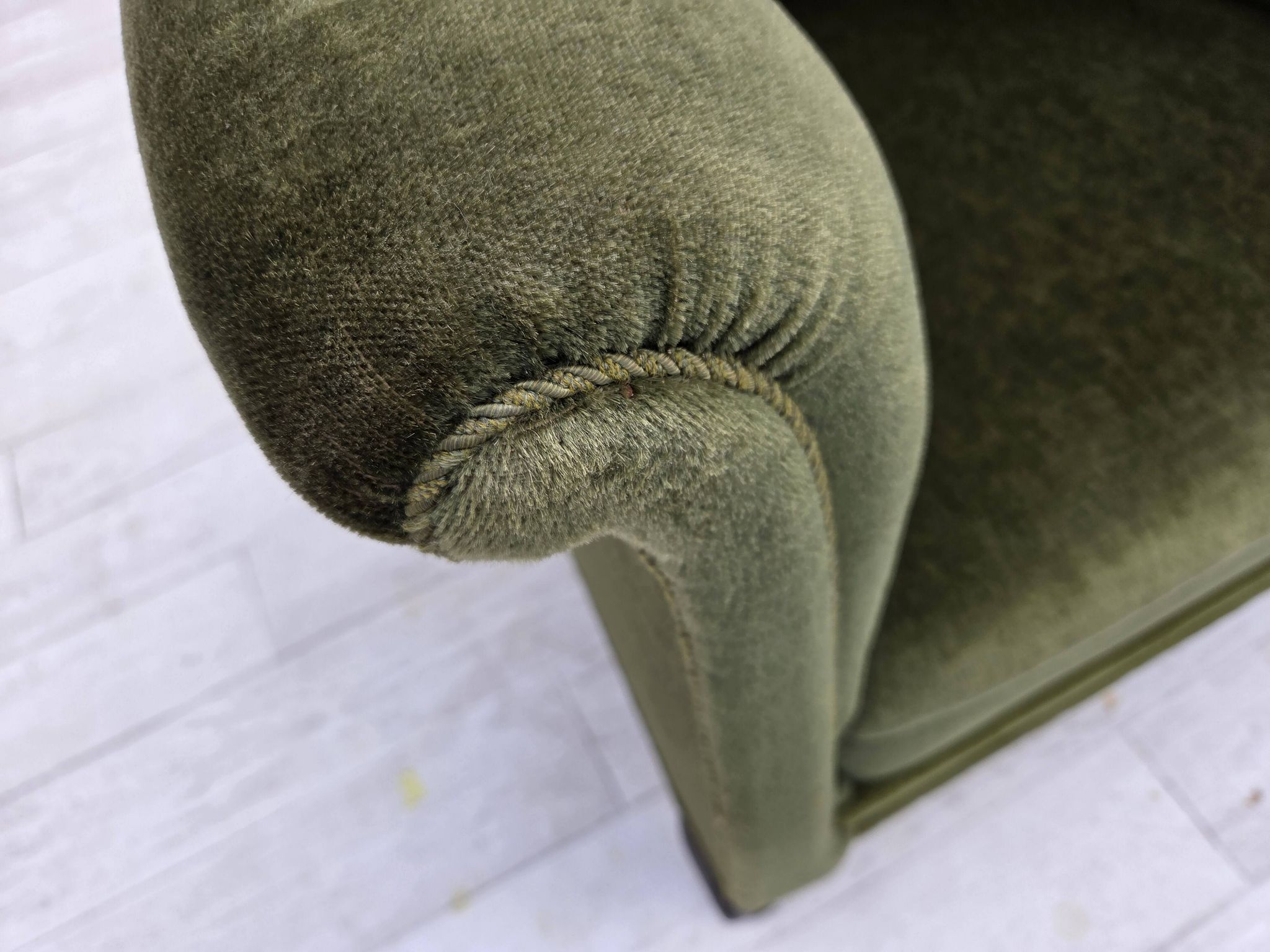 1950s, Danish armchair, green furniture velour, ash wood legs.