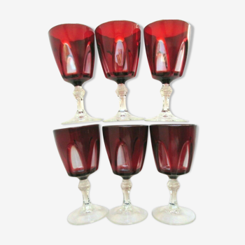 Set de 6 verres à pied buvant grenat double couche sculpté de 5 godrons incolores