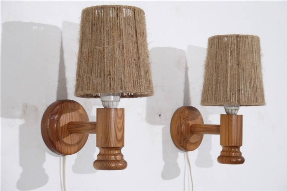 Paire d'applique vintage en bois et corde 1960