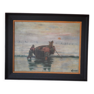 Old oil painting depicting fishermen