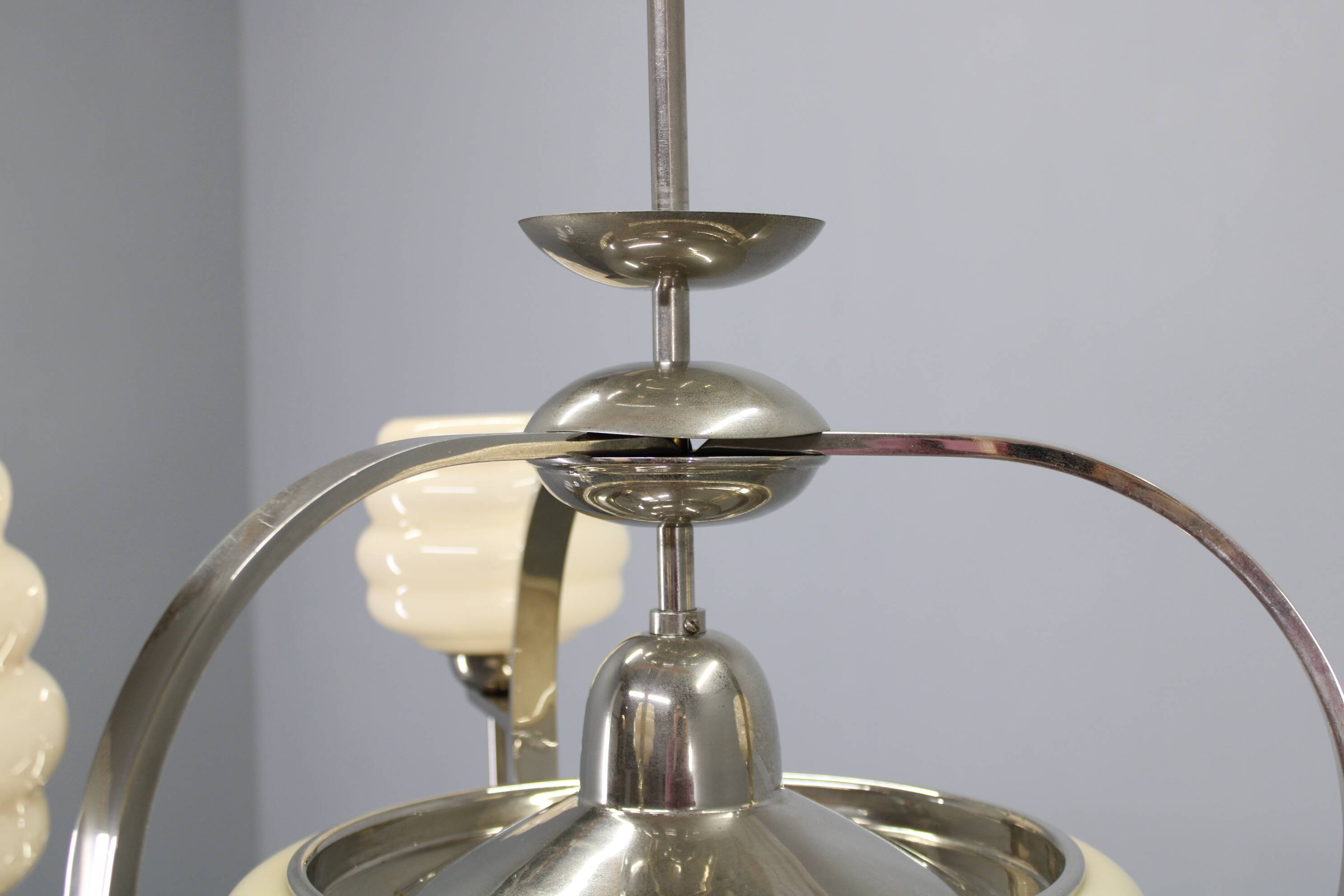 1930s Art Deco nickel and cream glass chandelier