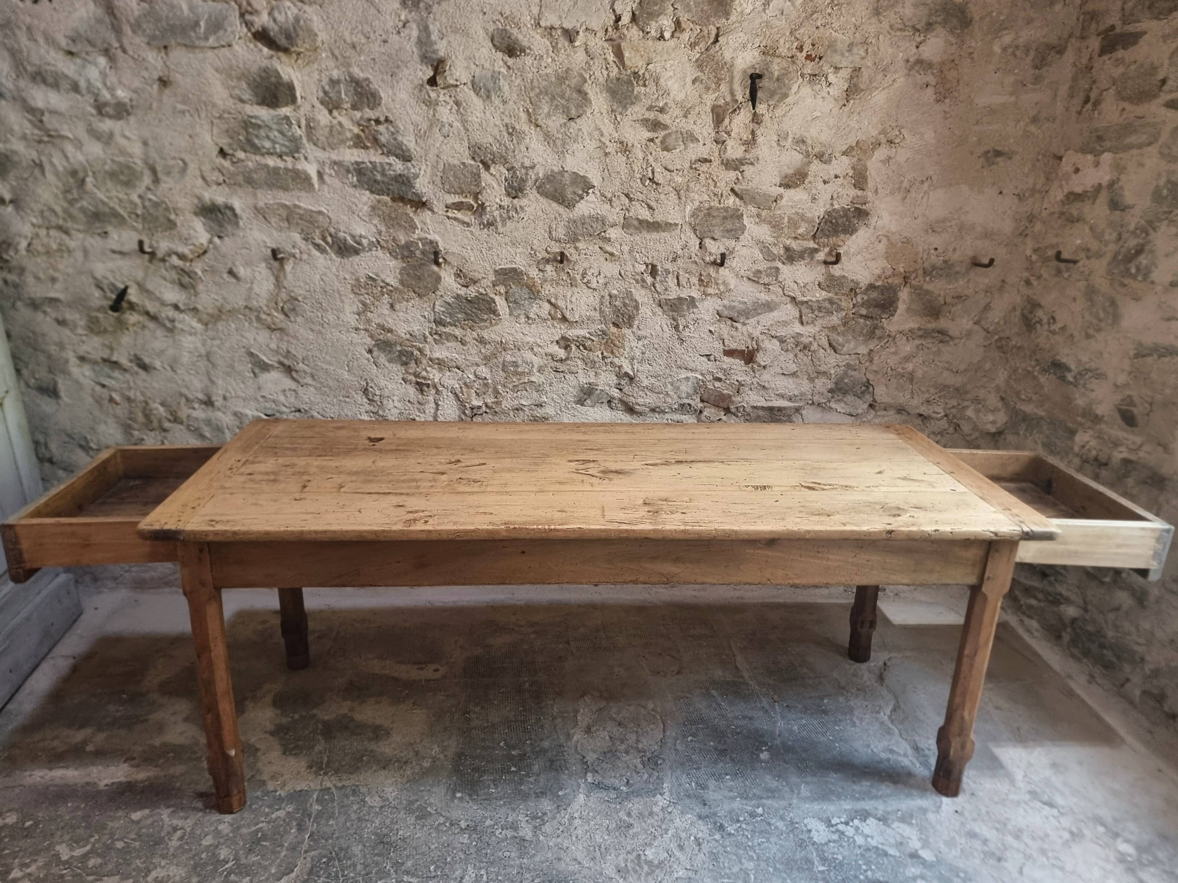 Old farmhouse dining table, rustic kitchen, poplar top, chestnut base, two drawers, 1800–1850.
