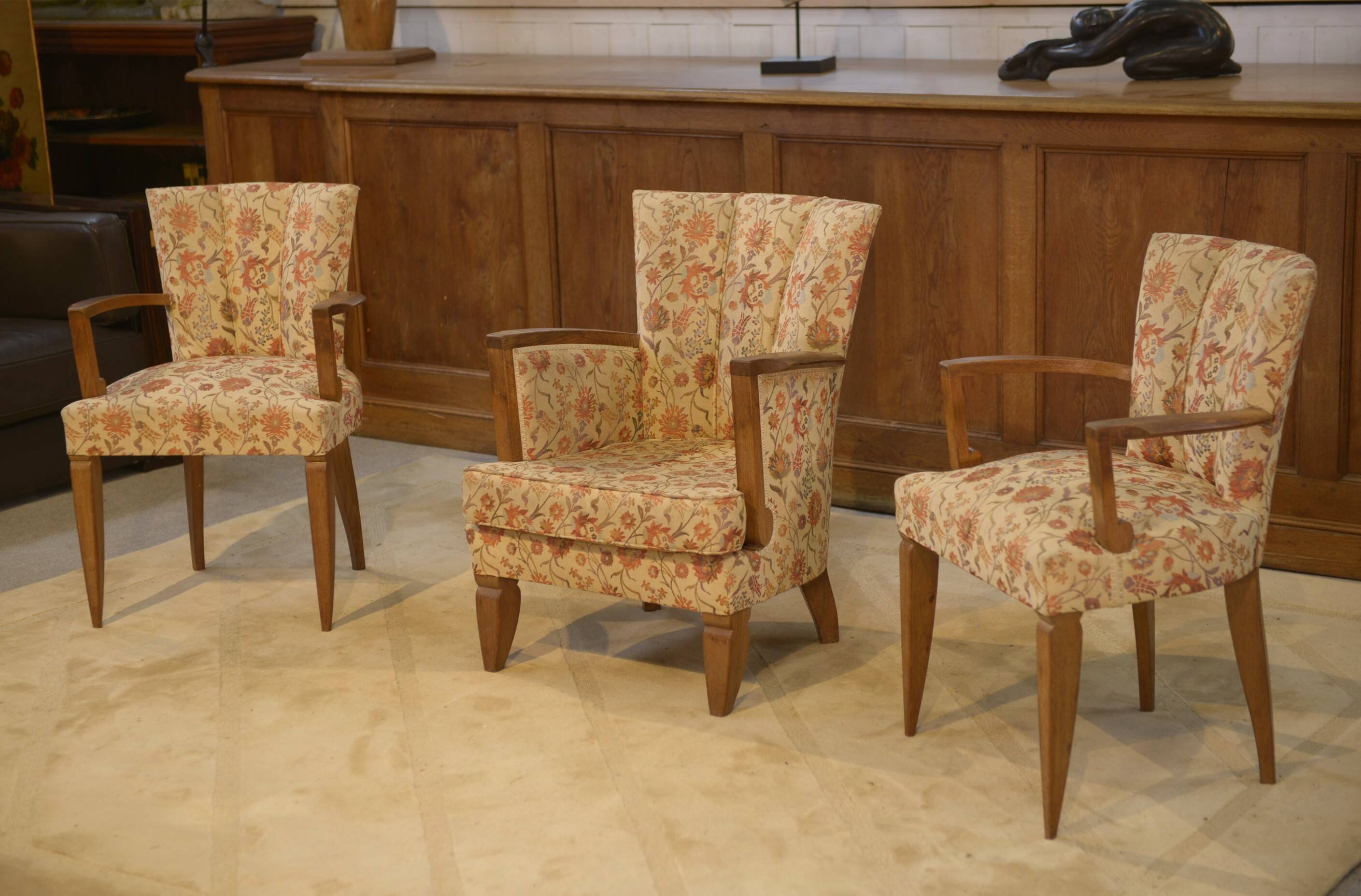 Set of 2 Bridge armchairs and one armchair attributed to Jules Leleu from the 1930s.