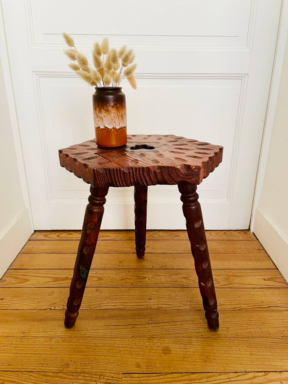 Vintage wooden tripod stool with turned legs