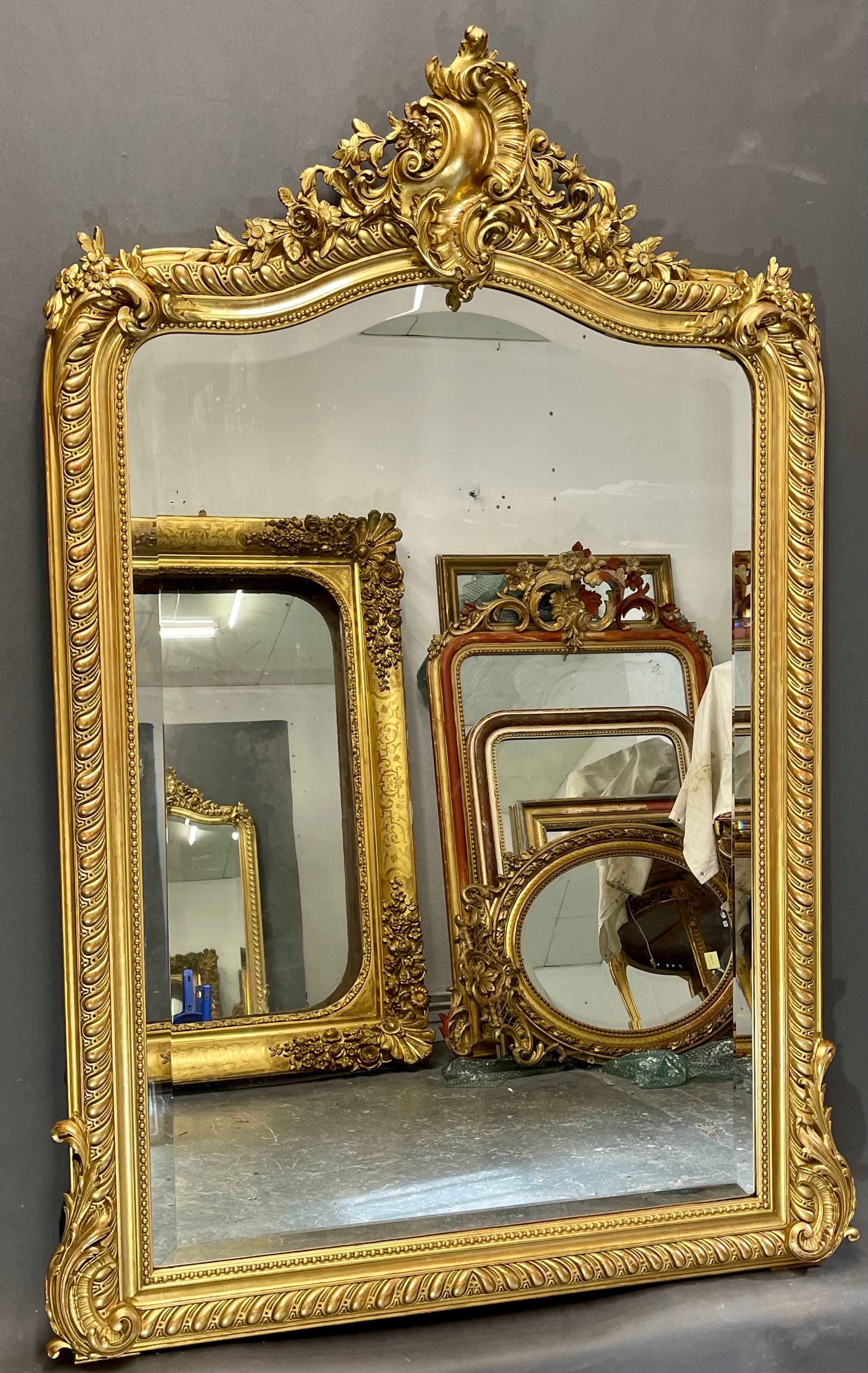 Miroir 156x106 ancien XIXè,dorure à la feuille d’or