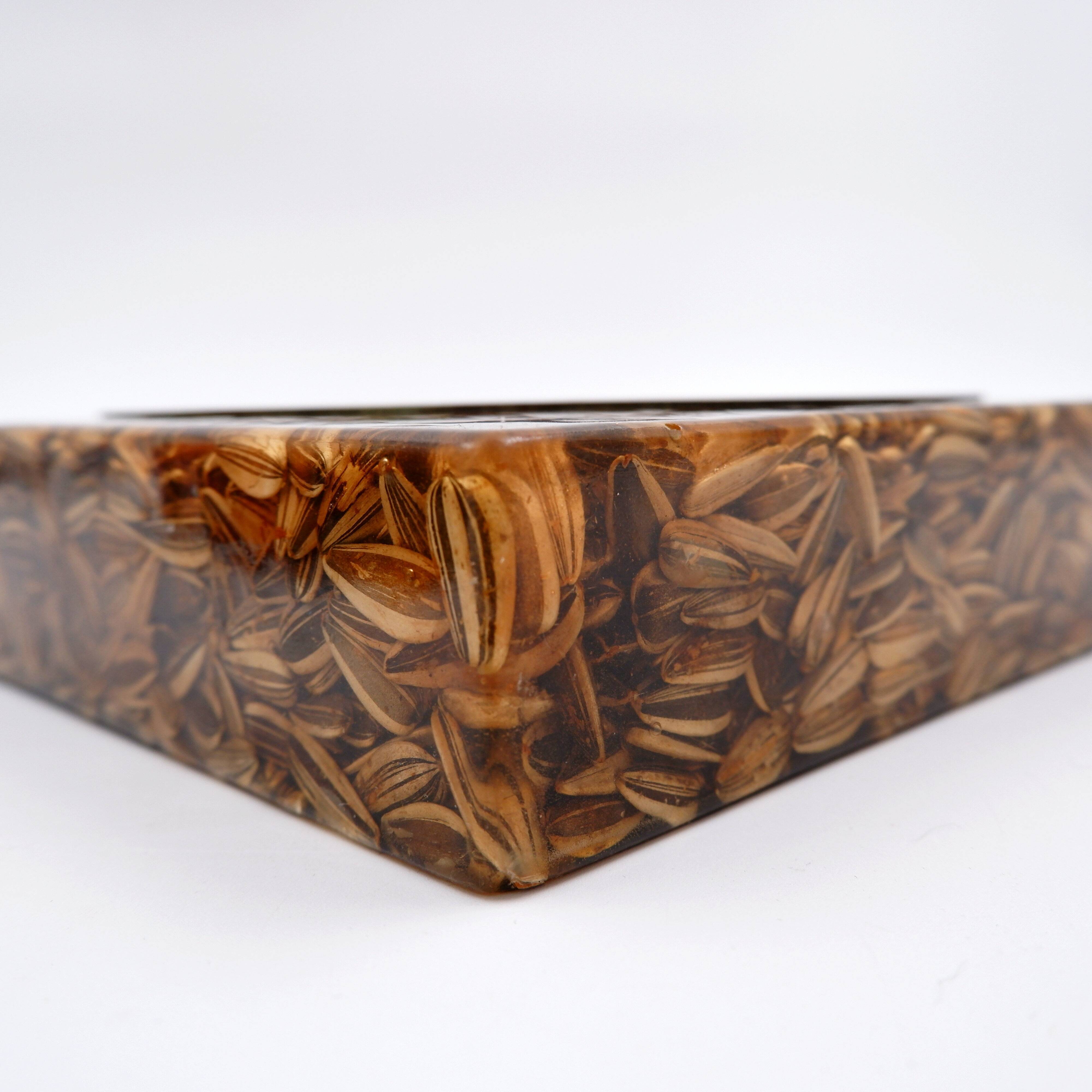 Large square brass and epoxy trinket tray with seed inclusions