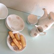 White porcelain coffee service with golden flowers / vintage 50s-60s