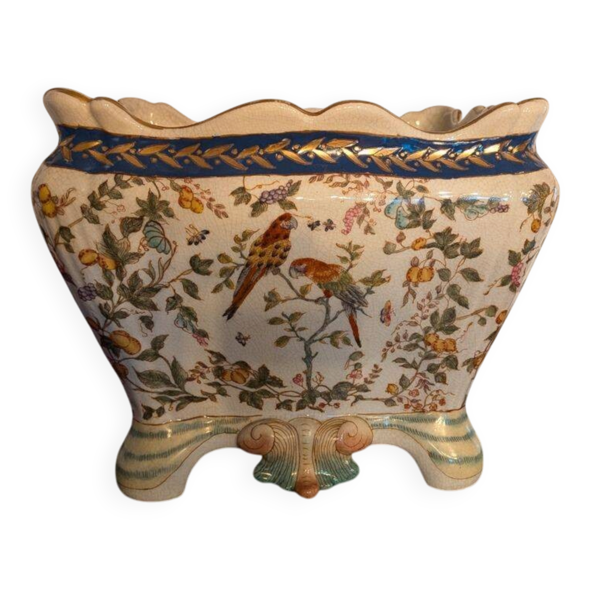 Antique jardinière in Lunéville earthenware – 1885 – Bird decoration