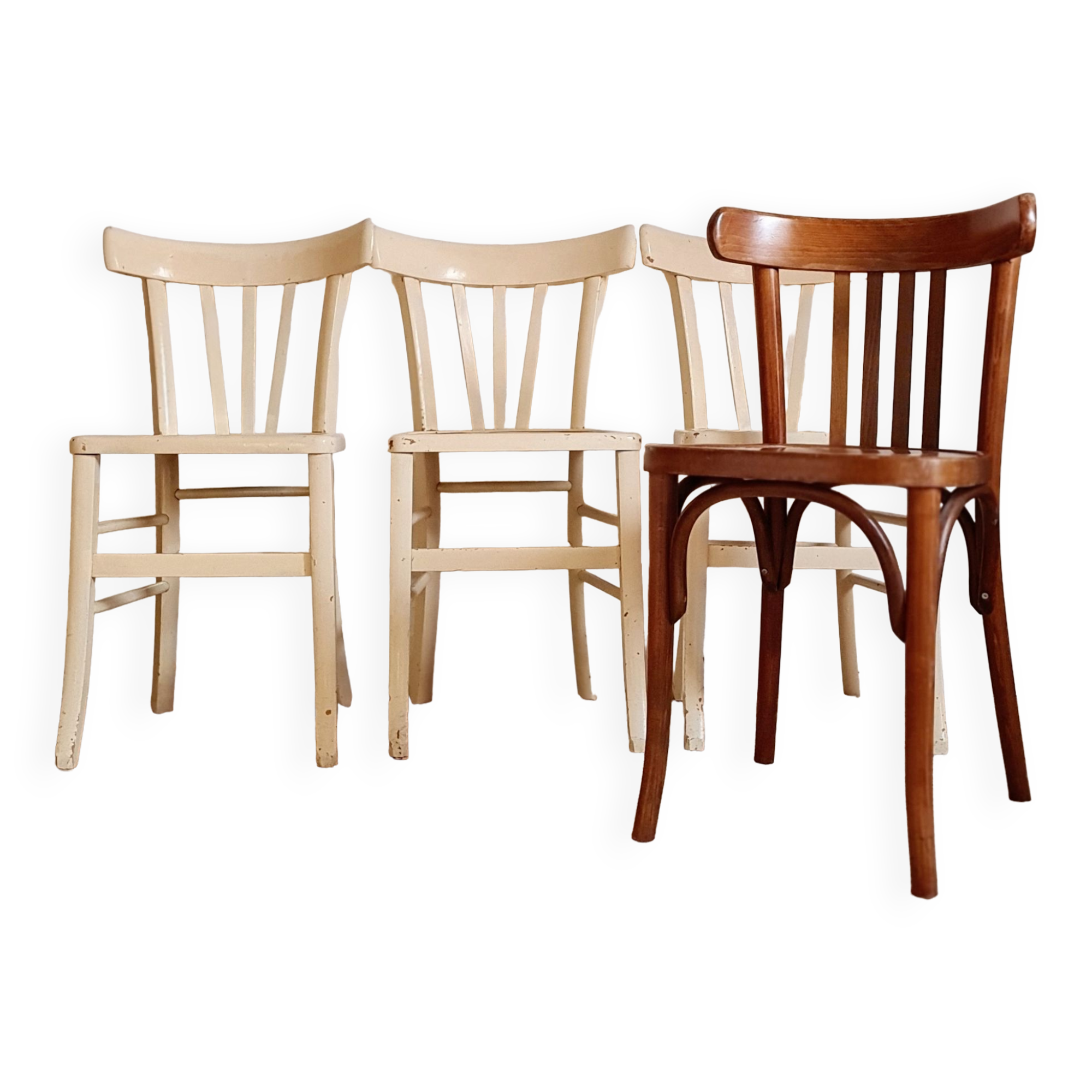4 mismatched antique bistro chairs