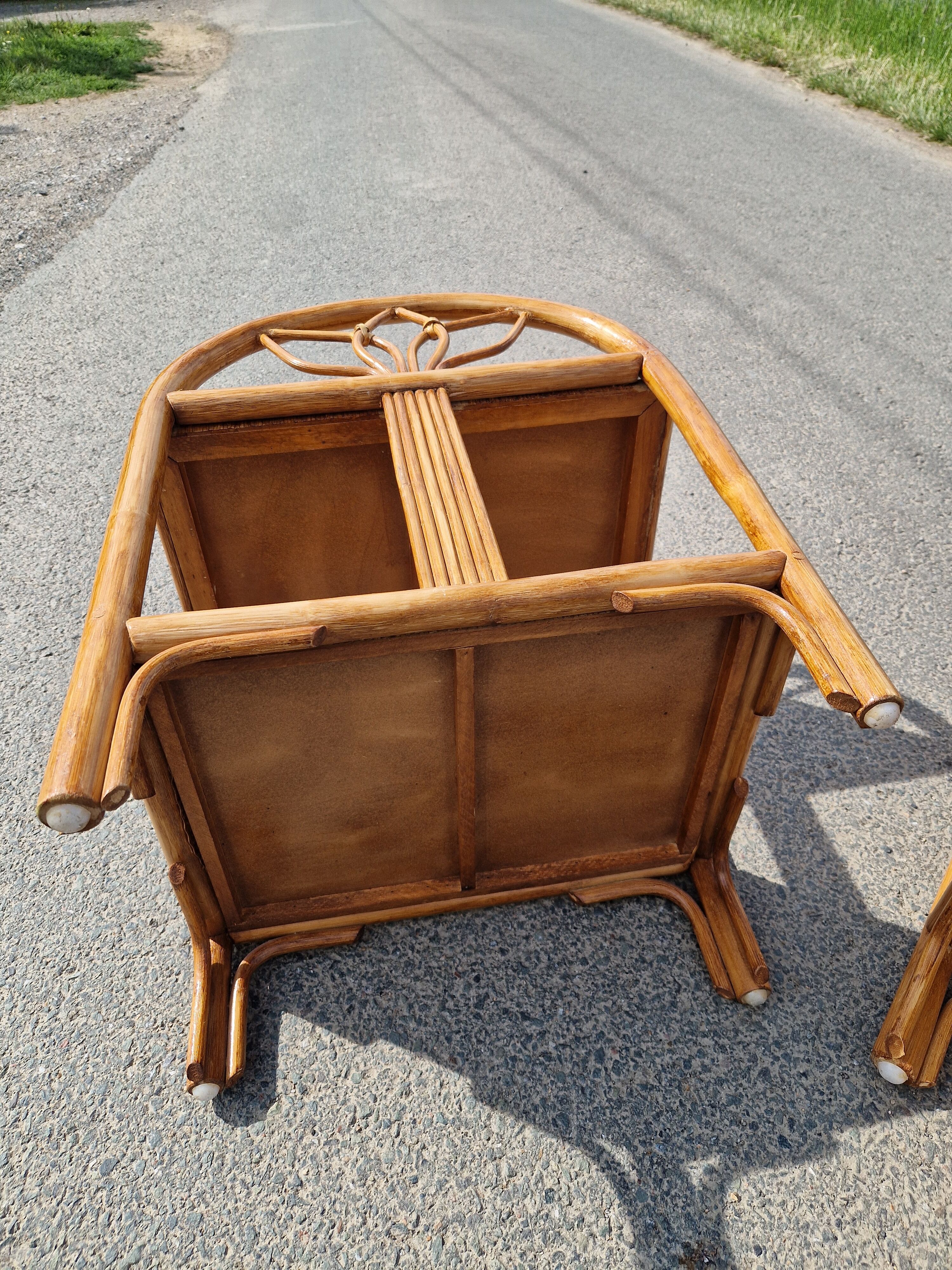 Pair of bedside tables in wood and woven straw - around 1960.