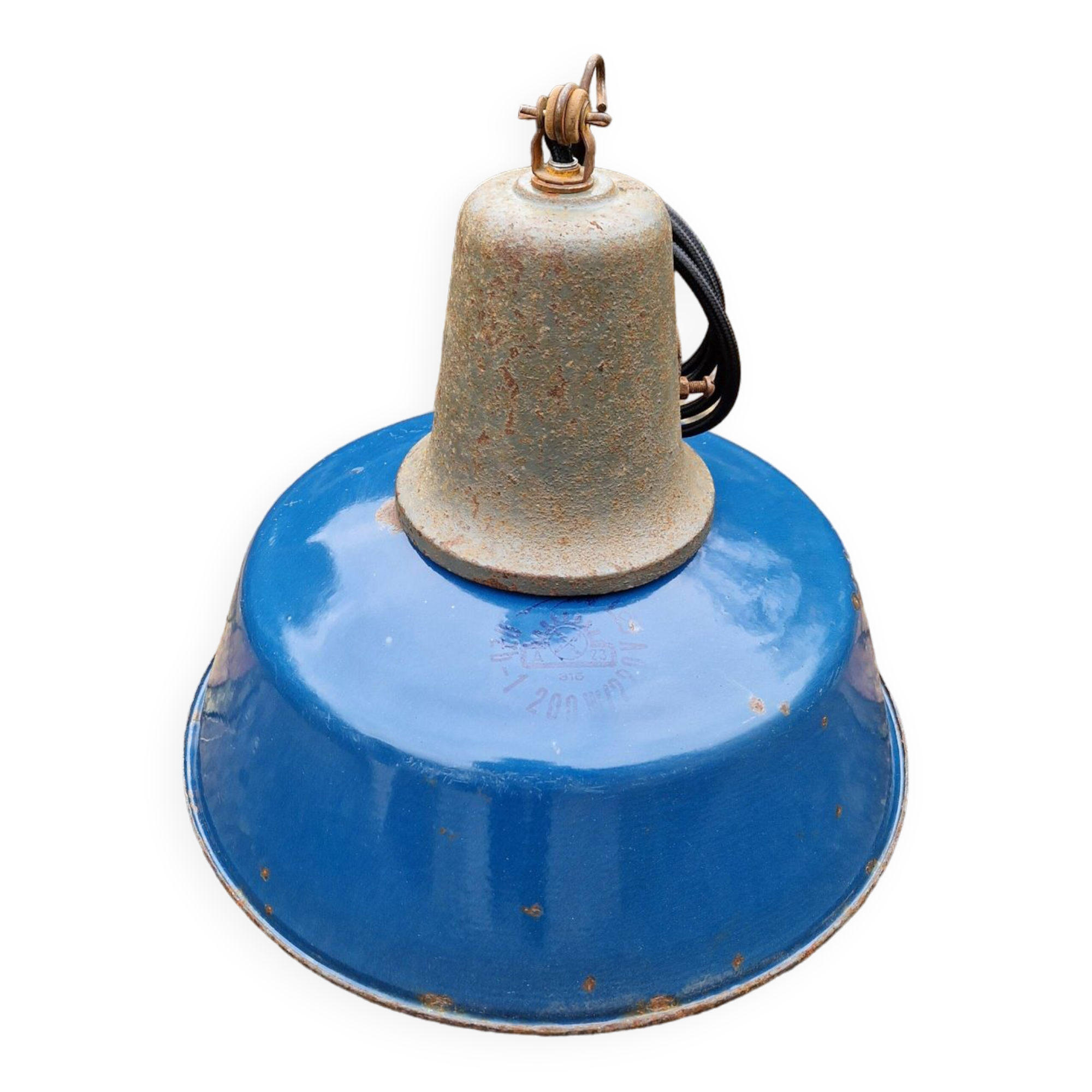 Industrial pendant light in blue enamelled sheet metal and cast iron, Poland, 1950s-60s