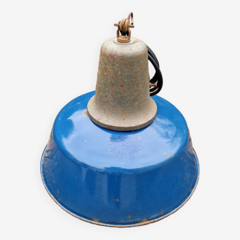 Industrial pendant light in blue enameled sheet metal and cast iron, Poland, 1950s-60s