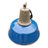 Industrial pendant light in blue enamelled sheet metal and cast iron, Poland, 1950s-60s