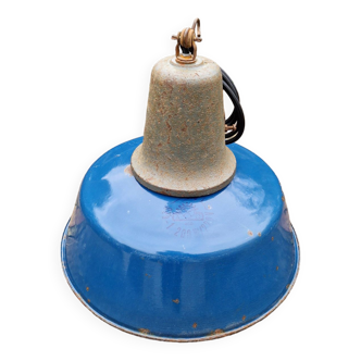 Industrial pendant light in blue enameled sheet metal and cast iron, Poland, 1950s-60s