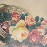 Aquarelle ancienne "panier de roses"