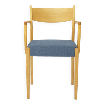 Vintage German Armchair 1960s, Mid Century Beechwood Chair with Blue Uph.