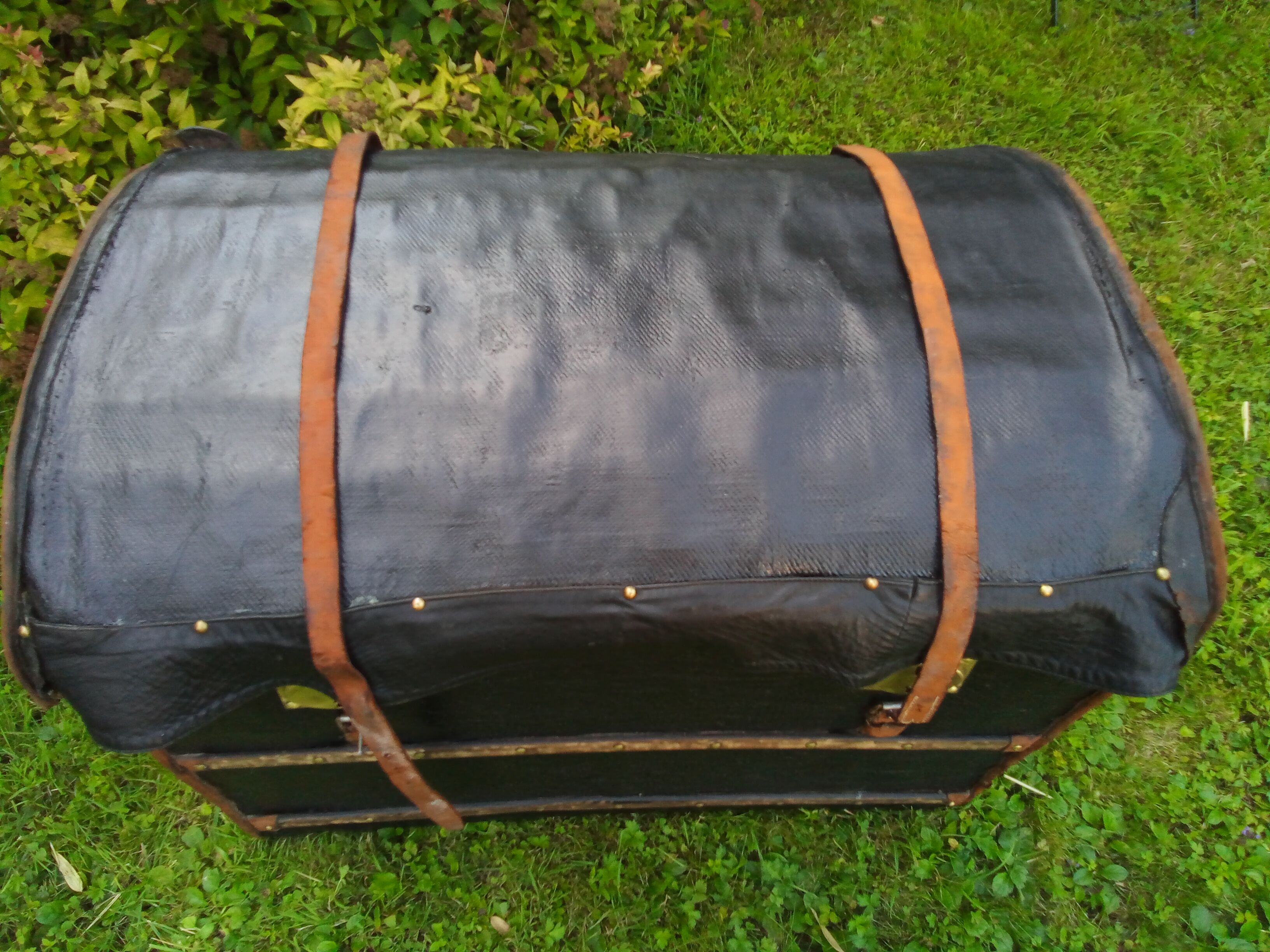Carriage trunk leather wicker brass linen