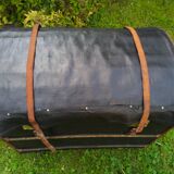 Malle de calèche cuir osier laiton lin