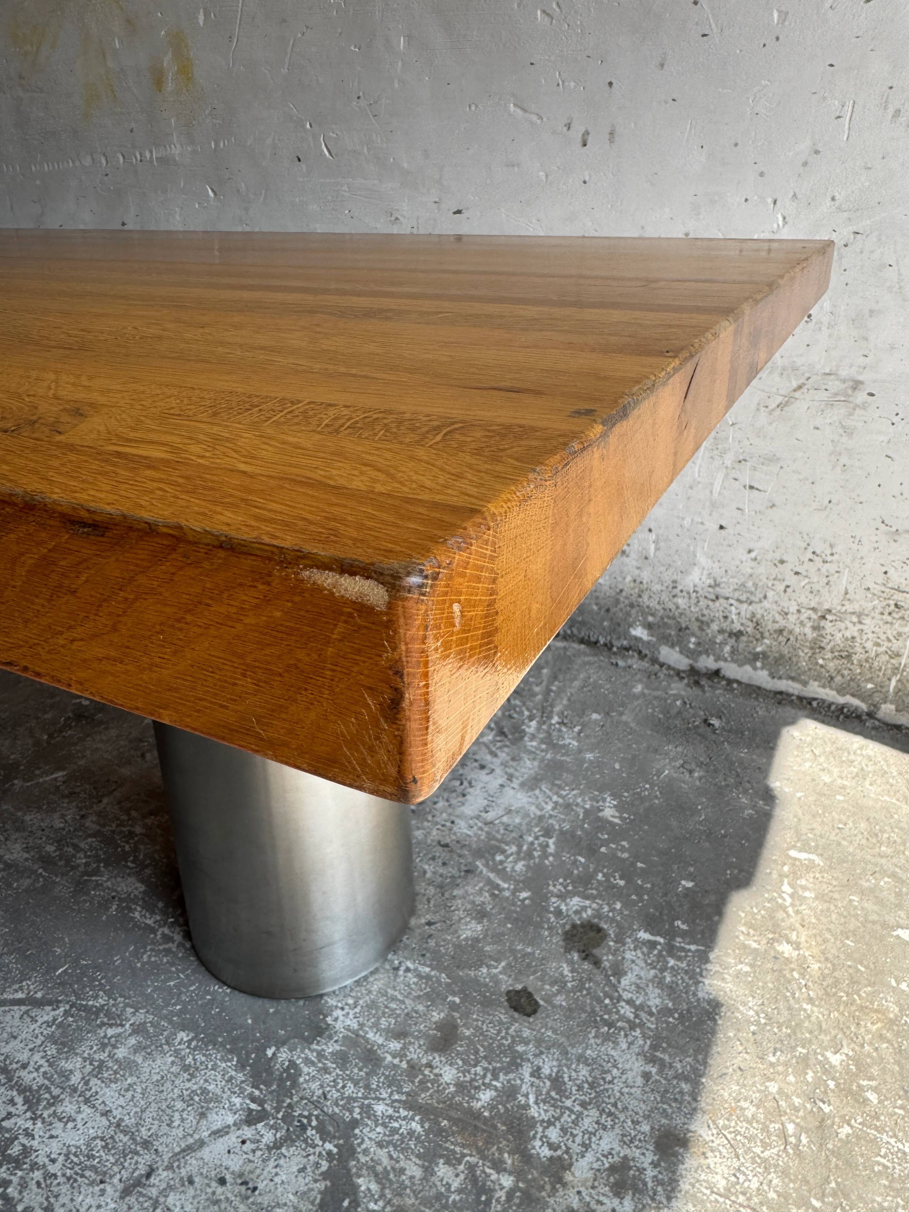 Geometric Brutalist Dining Table — Natural Wood Top with Metal Support, 1980s Architectural Design