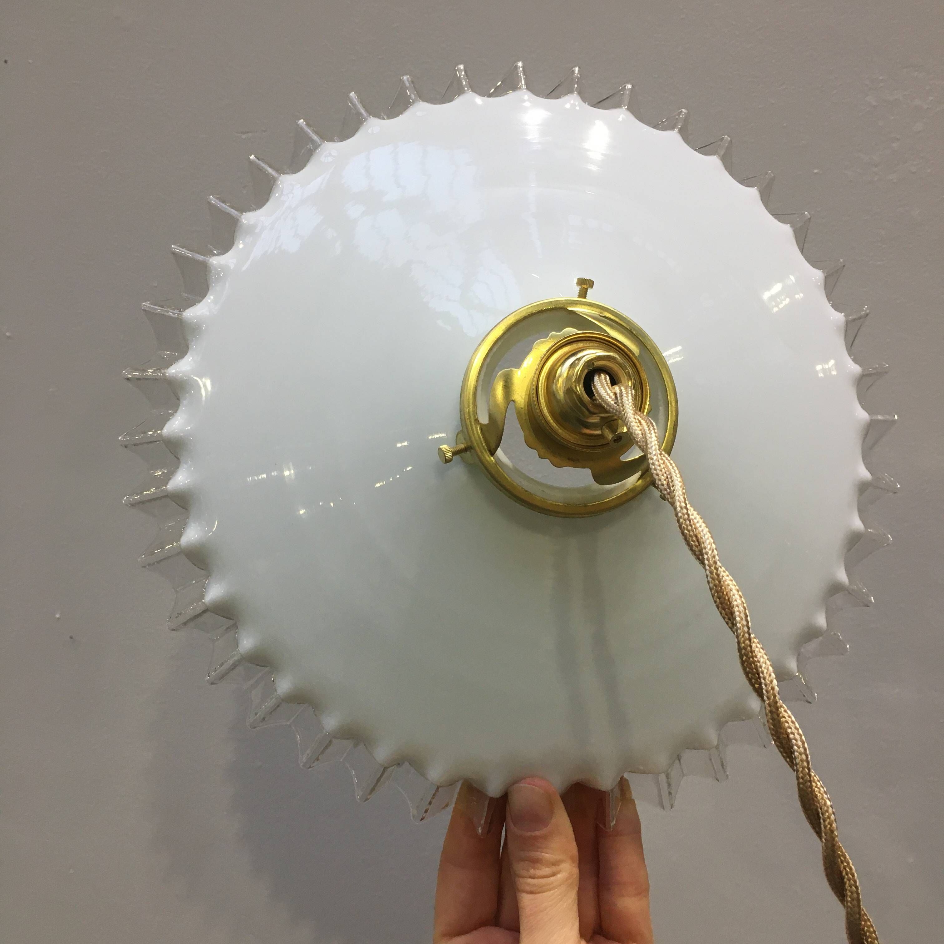 Pair of vintage pendant lights in white opaline and transparent serrated edges
