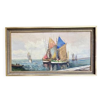 Large old painting: The fishing boats at anchor